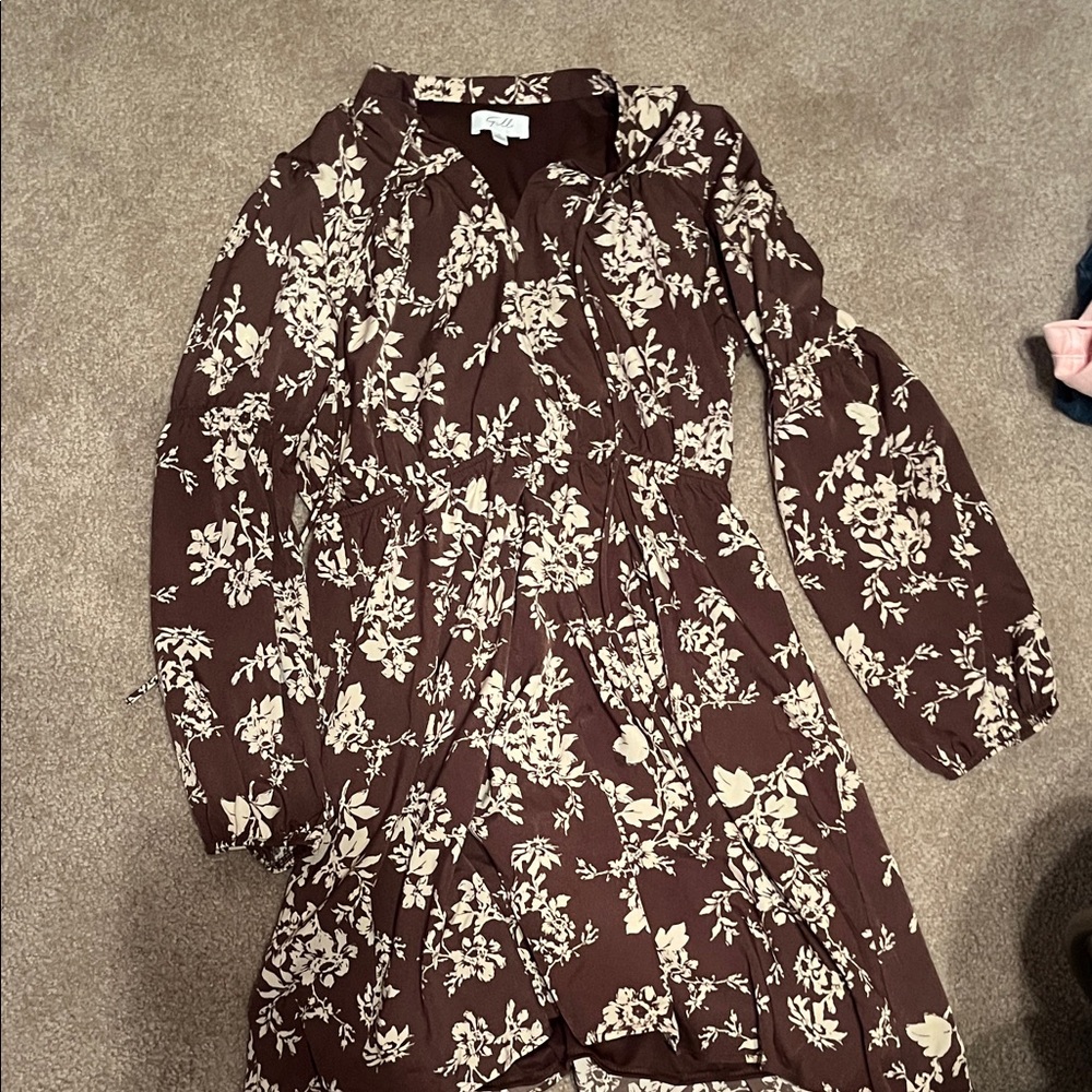 Gilli Brown Floral Long Sleeve Tiered Dress with Cream Print